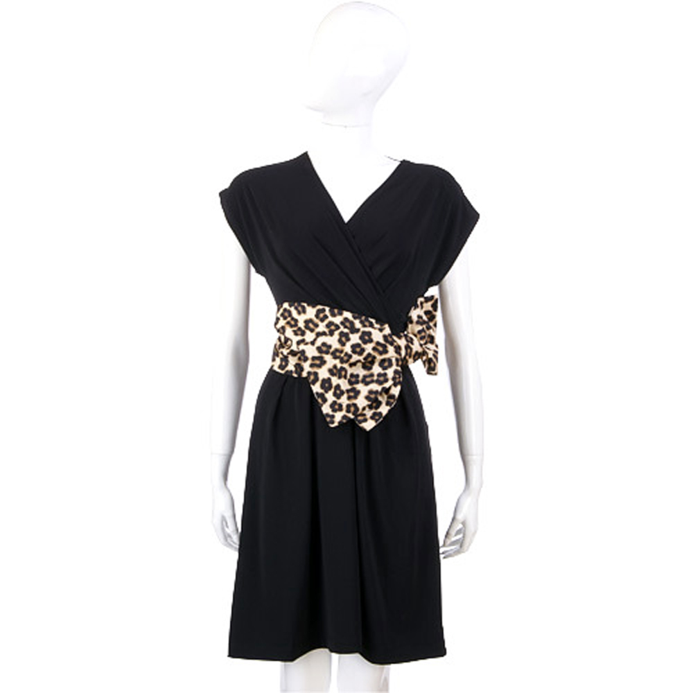 VALENTINO 黑色豹紋蝴蝶結飾短袖洋裝
