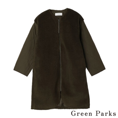 Green Parks 異素材毛感絎縫拼接圓領長版拉鍊大衣