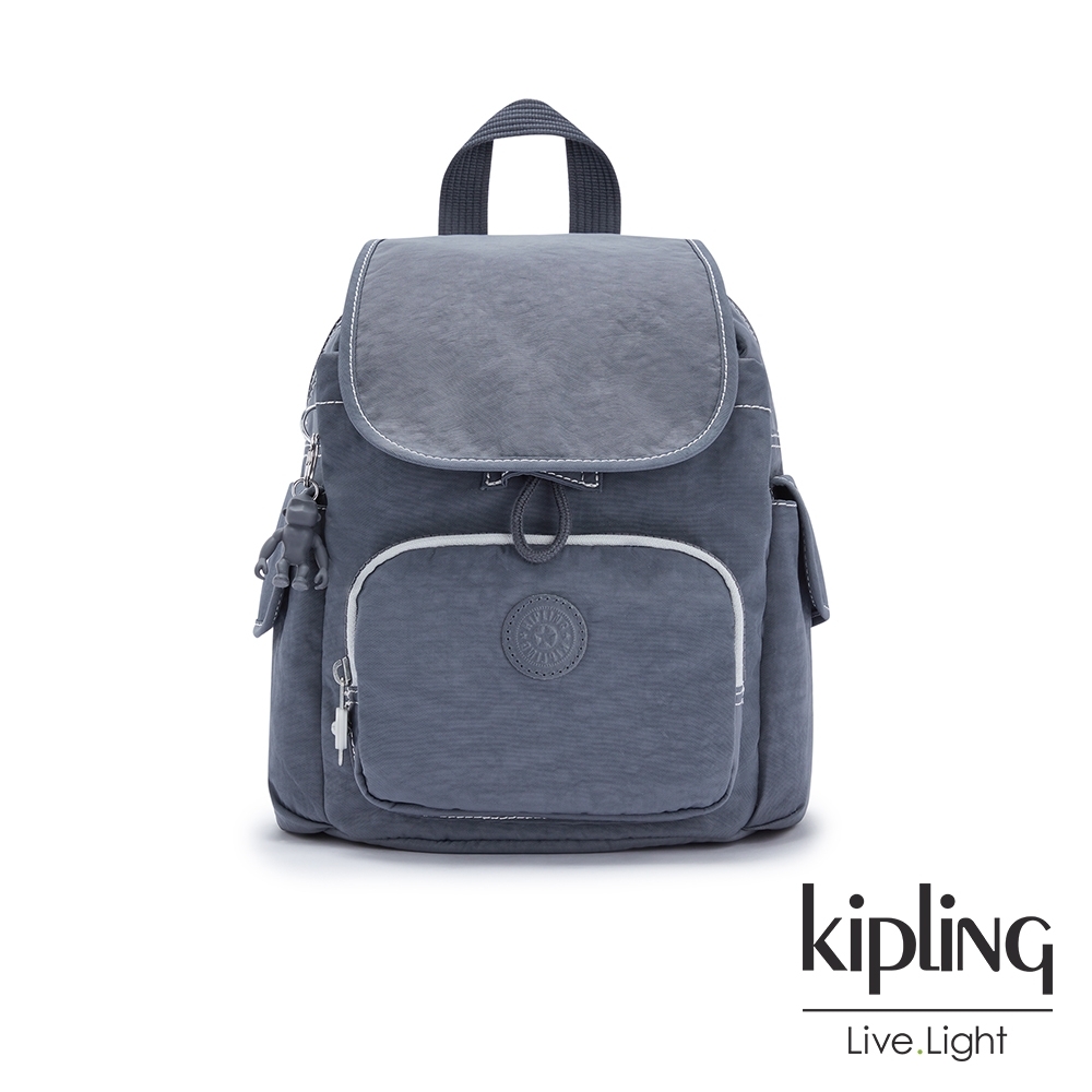 Kipling 復古海軍藍拉鍊掀蓋後背包-CITY PACK MINI