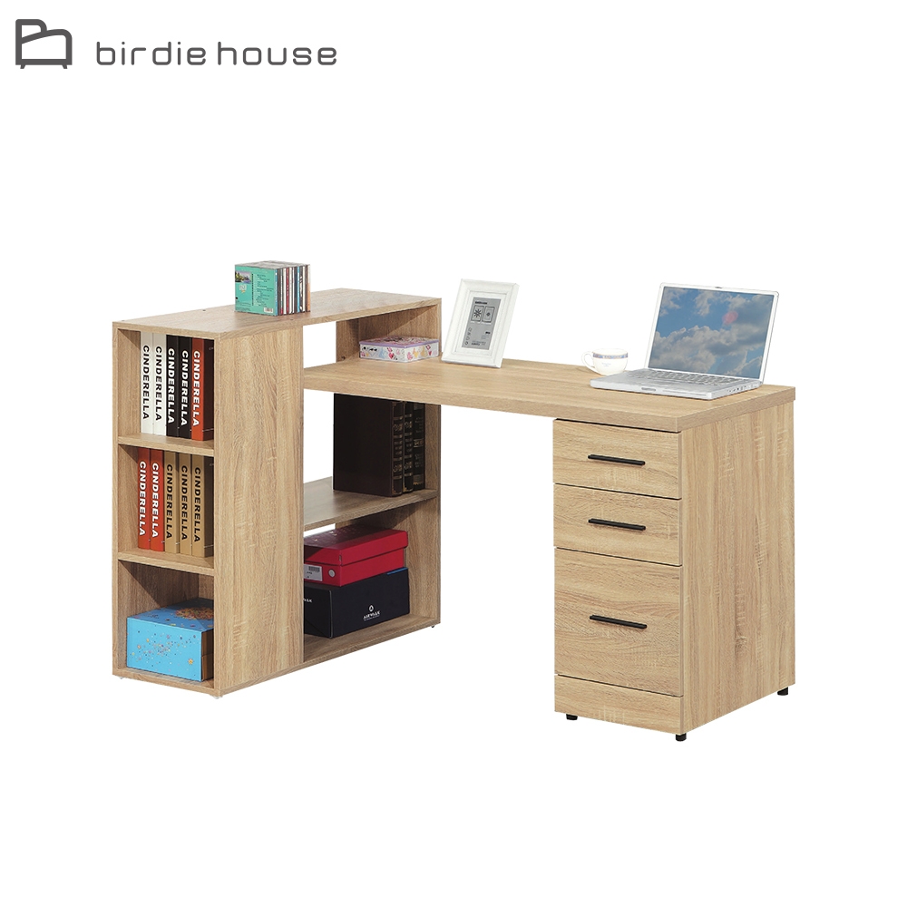柏蒂家居-巴迪4尺開放式書櫃+三抽多功能書桌/工作桌-桌面可左右擺放-120x90x90cm