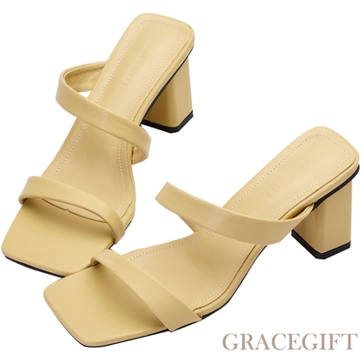 【Grace Gift】極簡方頭細帶中高跟拖鞋 淺黃