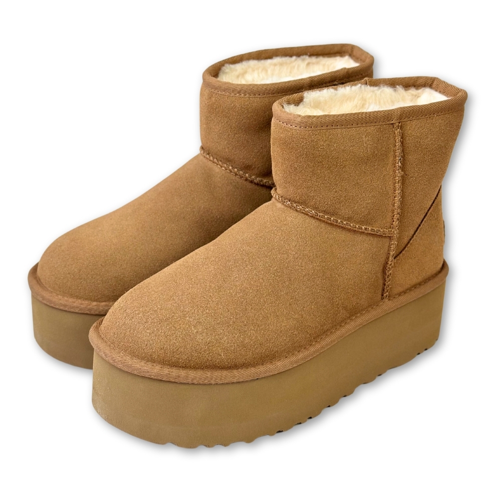 UGG Classic Mini Platform 厚底中幫雪靴栗子棕女真皮短靴羊毛一體保暖