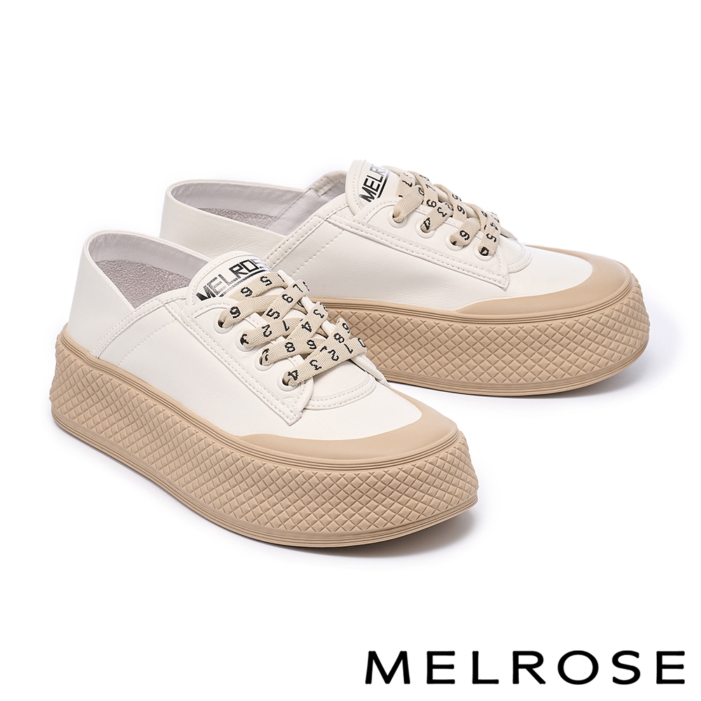 休閒鞋 MELROSE 美樂斯 潮流數字造型鞋帶牛皮QQ厚底休閒鞋－米