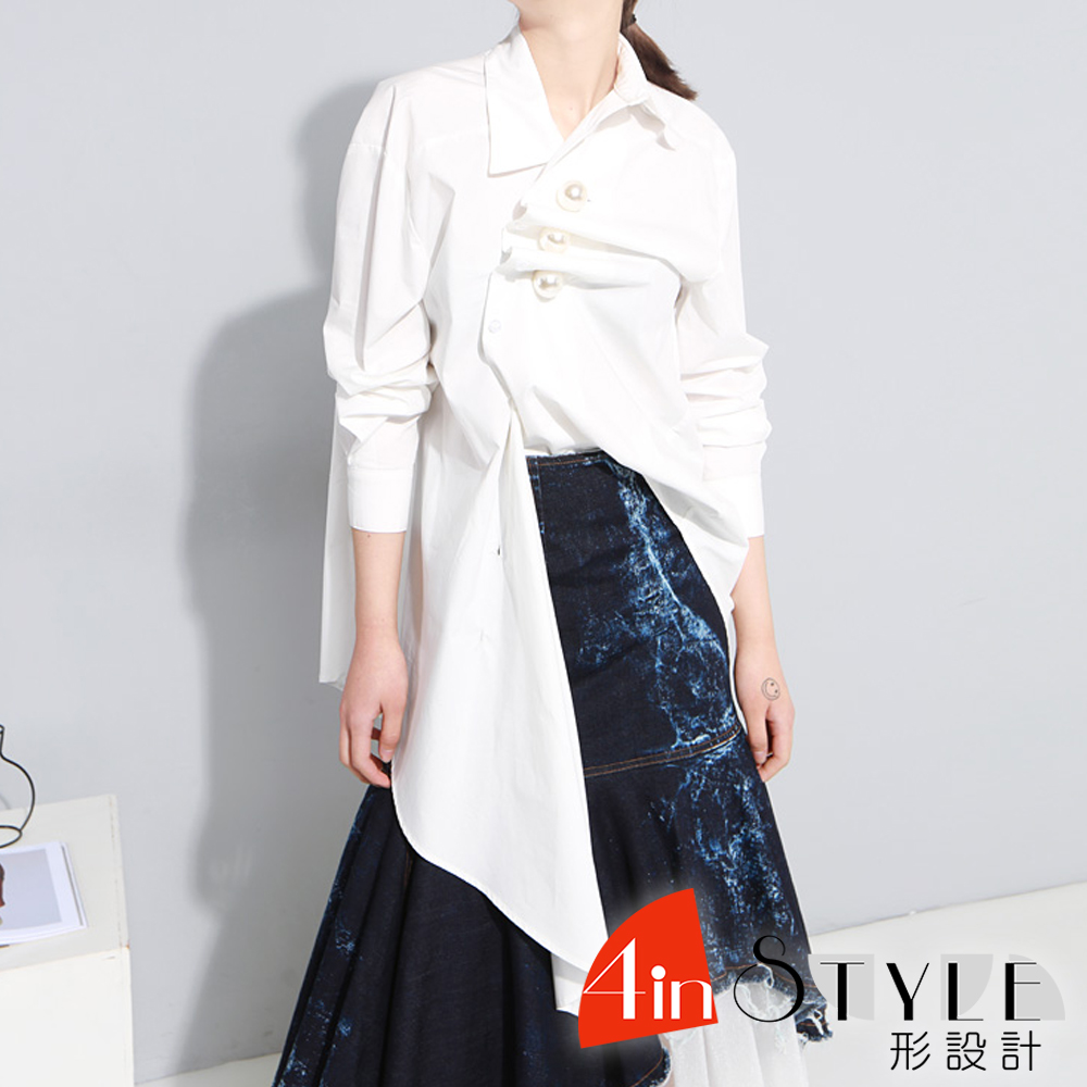 兩穿式大珍珠皺褶長袖襯衫 (共二色)-4inSTYLE形設計