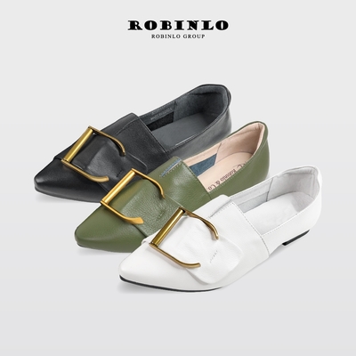 Robinlo復古金屬大D扣軟牛皮平底鞋 奶油白/法式黑/優雅綠