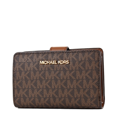 MICHAEL KORS 金字緹花小LOGO防刮皮革釦式中夾-焦糖色