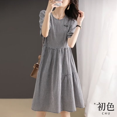初色 圓領休閒格紋收腰顯瘦泡泡短袖連身裙洋裝-黑白格-68102(M-2XL可選)