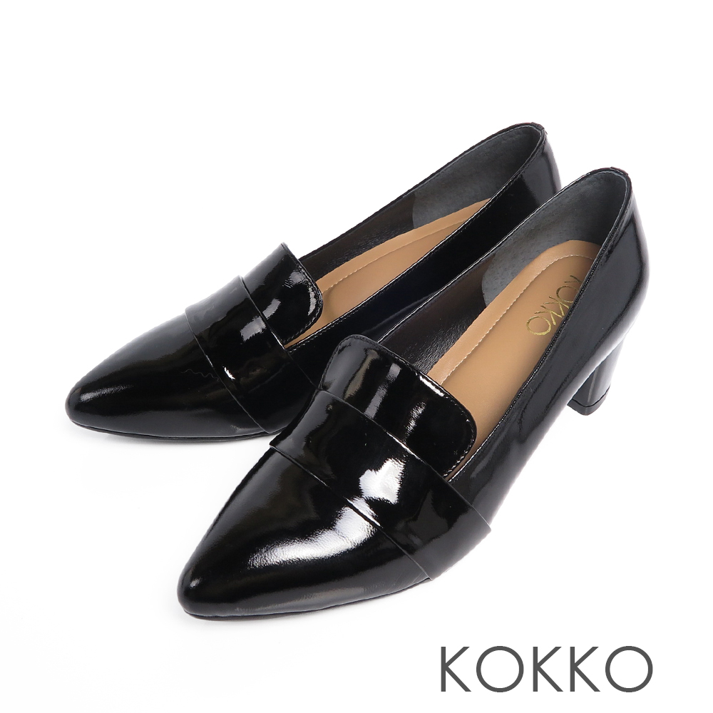 KOKKO  - 女紳風範尖頭透氣真皮樂福粗跟鞋-亮皮黑