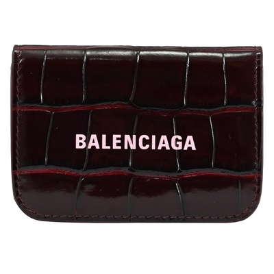 BALENCIAGA 巴黎世家 英字LOGO鱷魚壓紋牛皮三折零錢短夾(深酒紅/粉字)