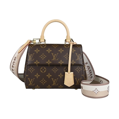 LV M46055 Cluny Mini壓印LOGO雙色寬背帶設計Monogram帆布翻蓋釦式手提斜背包(迷你/咖啡)