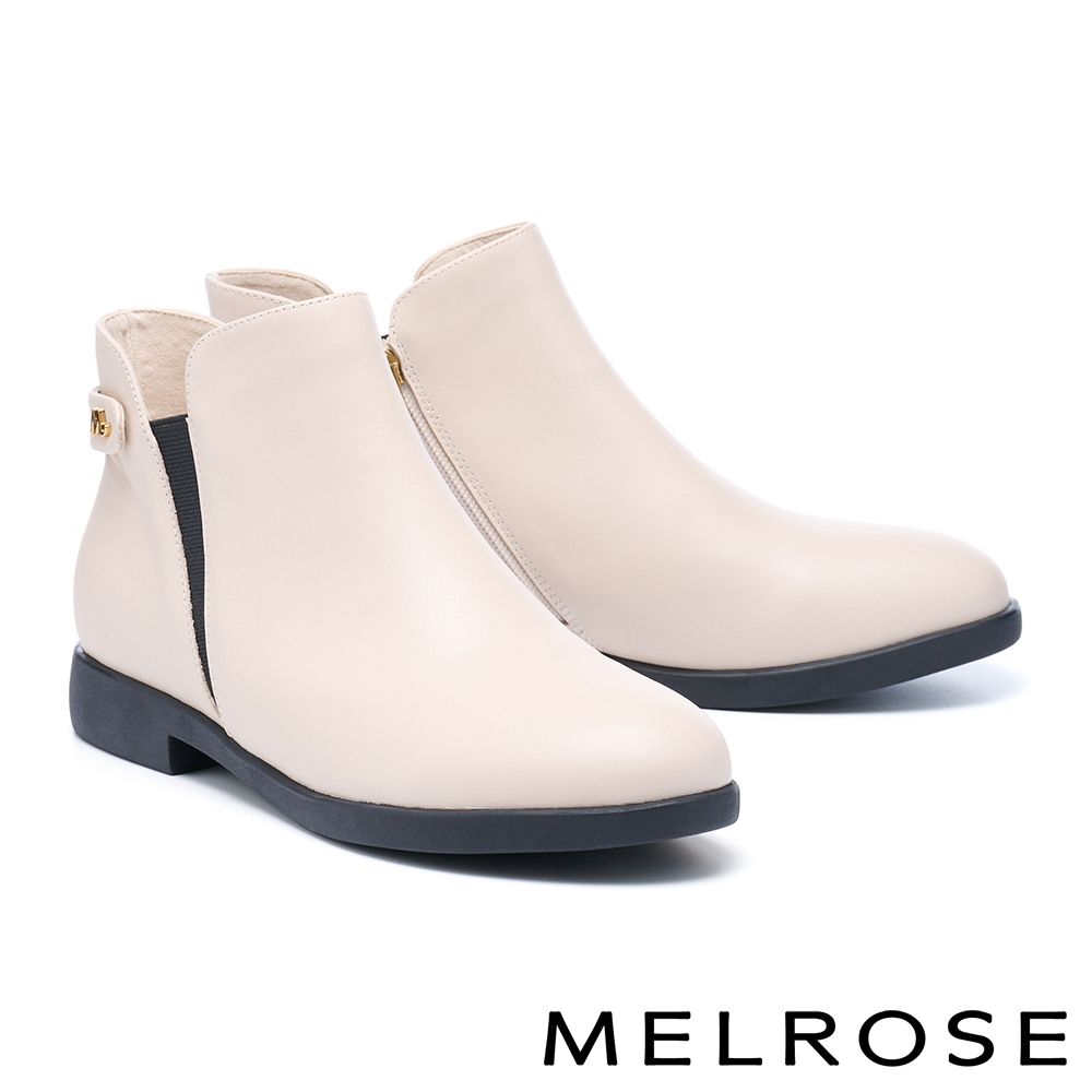 短靴 MELROSE 美樂斯 簡約質感M字釦鬆緊帶拼接牛皮厚底短靴－白