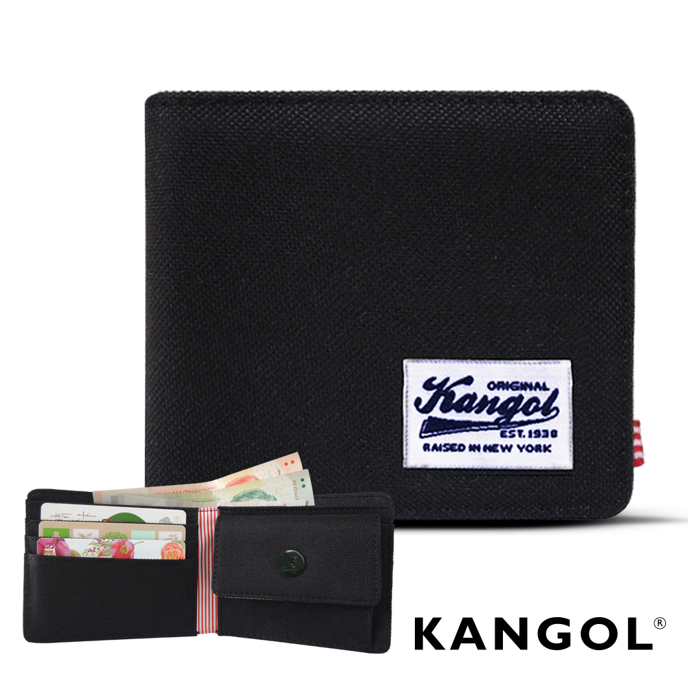 福利品 KANGOL 韓式潮流 多夾層/零錢袋橫式短皮夾+鑰匙圈禮盒-帆布黑