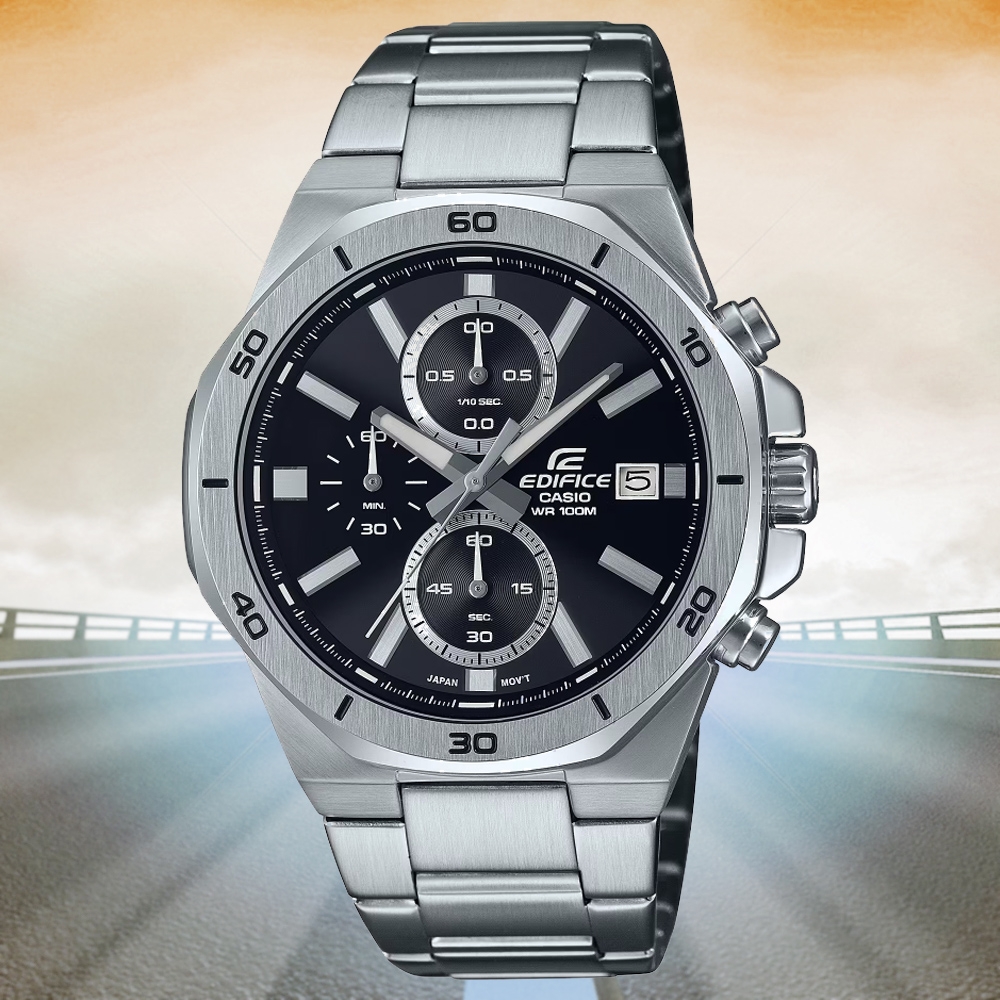 CASIO 卡西歐 EDIFICE 經典設計 強悍八角形錶圈計時運動錶-黑 EFV-640D-1AV 防水100米