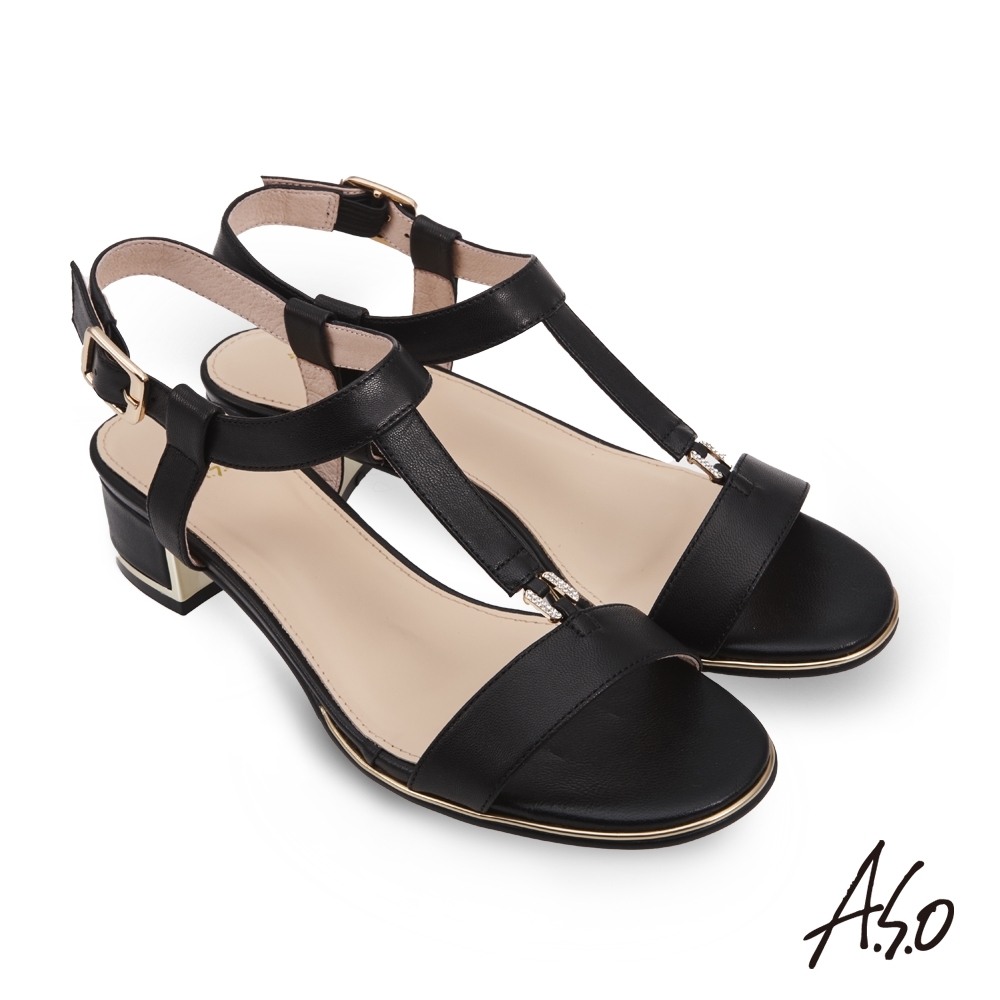 A.S.O 健步美型時尚簡約鑽釦涼鞋-黑色
