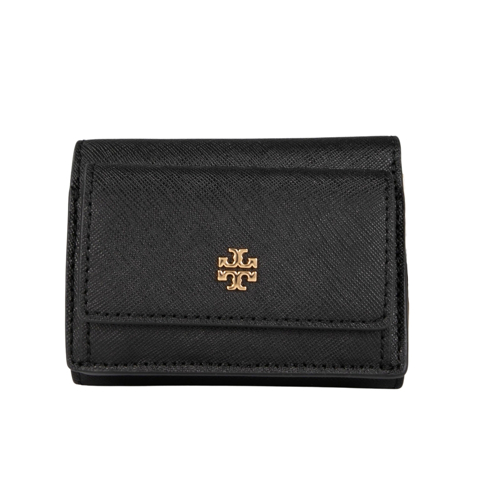 TORY BURCH Emerson 金屬LOGO 防刮皮革三折微型釦式短夾(黑色)