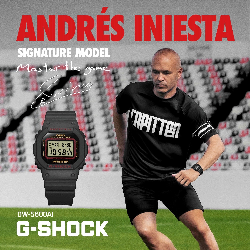 CASIO卡西歐 G-SHOCK 世界級職業足球員 Andrés Iniesta 限量簽名款 經典方型 DW-5600AI-1_42.8mm