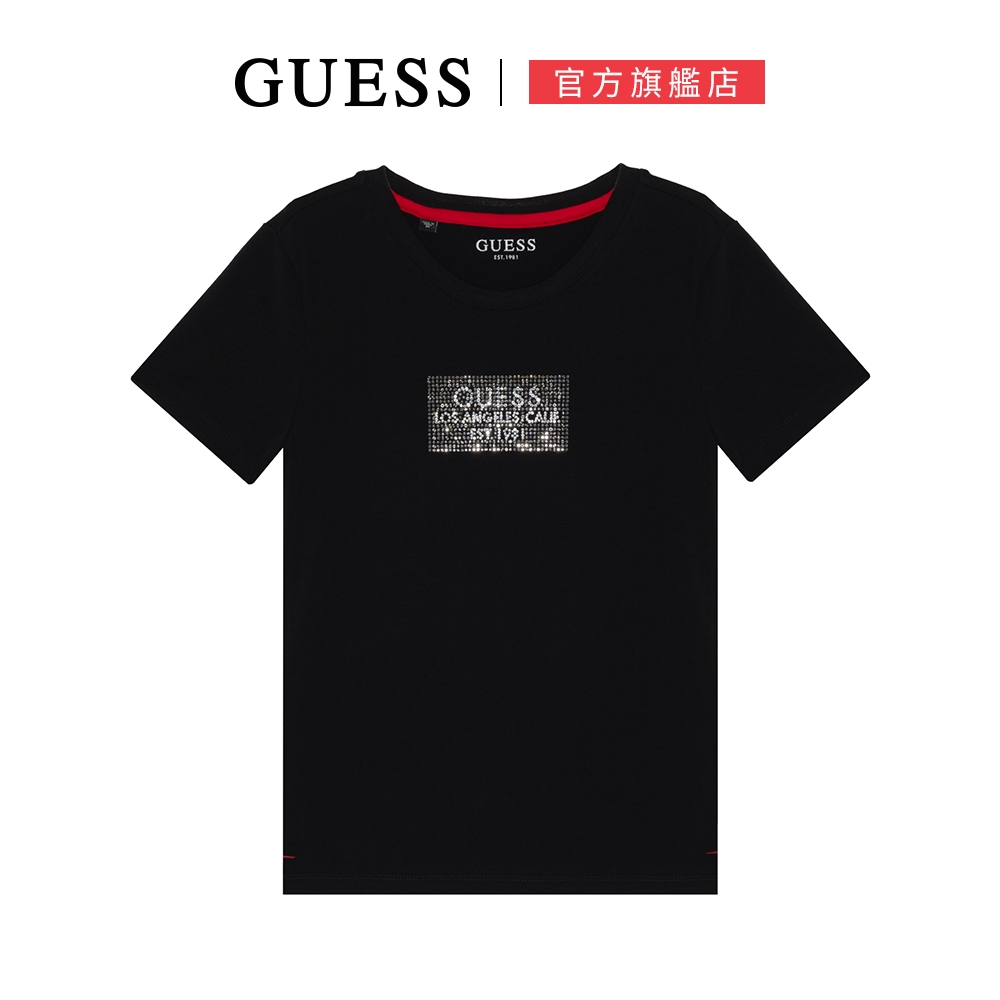 【GUESS】貴氣撞色水晶感LOGO短T-兩色可選