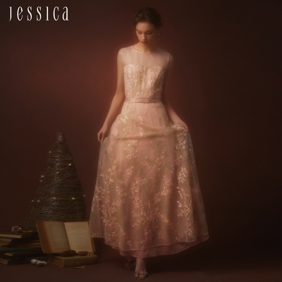 JESSICA - 柔美優雅奢華花卉蕾絲圓領長洋裝禮服235709