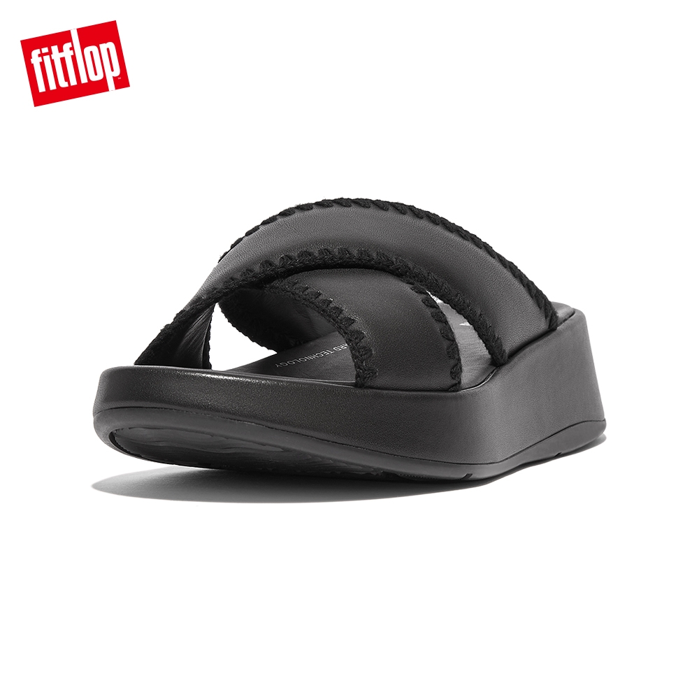 【FitFlop】F-MODE CROCHET-STITCH LEATHER FLATFORM SLIDES編織皮革造型交叉涼鞋-女(靓黑色) (靓黑色)