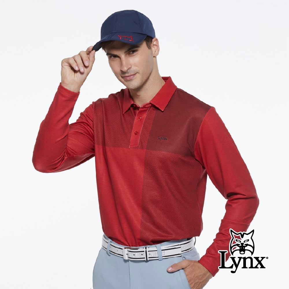 【Lynx Golf】男款吸汗速乾抗UV交叉數位方格印花長袖POLO衫-暗紅色