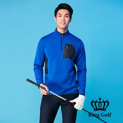 【KING GOLF】男款包邊撞色口袋素面中厚立領拉鍊長袖POLO衫-藍色