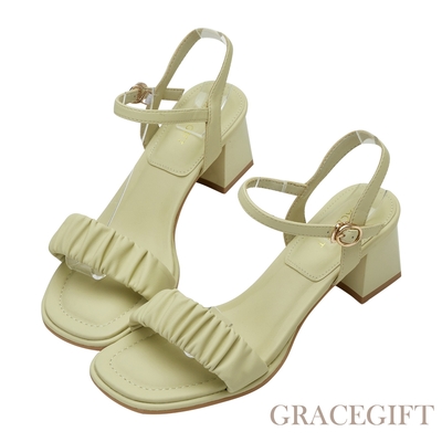 【Grace Gift】氣質雲朵澎澎鞋墊繫帶中跟涼鞋 卡其