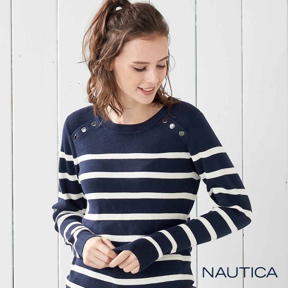 Nautica 女裝金屬釦條紋長袖針織衣-藍條紋