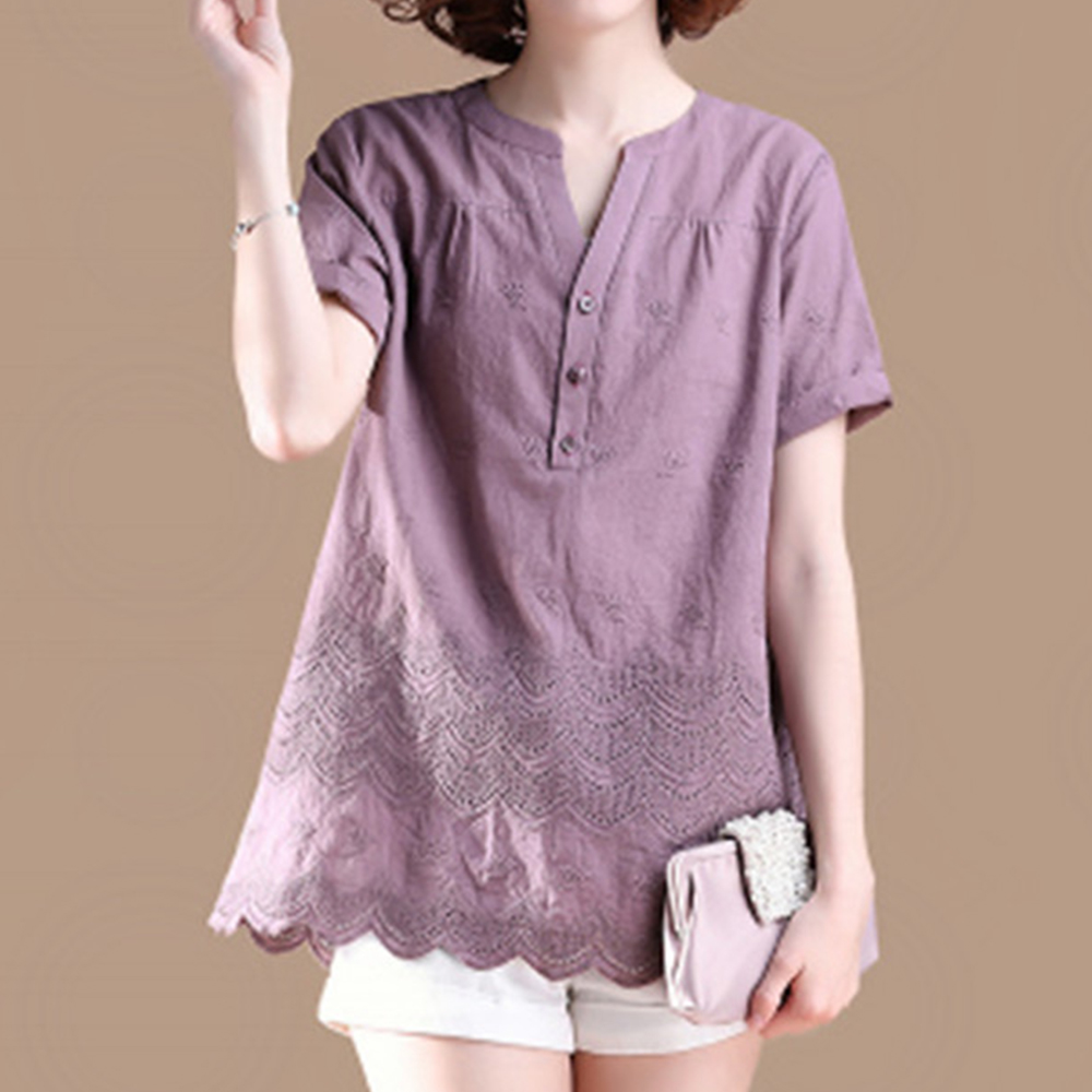 初色  純色刺繡鏤空上衣-淺紫色-(M-2XL可選)