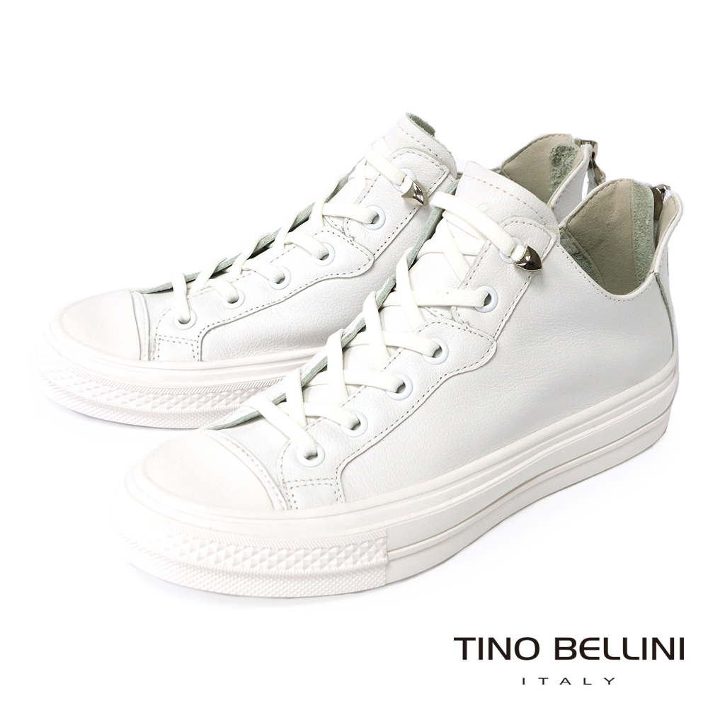 Tino Bellini 悠閒百搭牛皮繫帶造型後拉鍊厚底休閒鞋-白