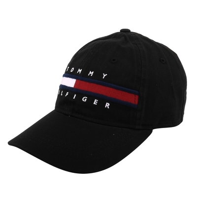 TOMMY HILFIGER- 經典紅白槓字母繡線LOGO 棒球帽(素面黑)