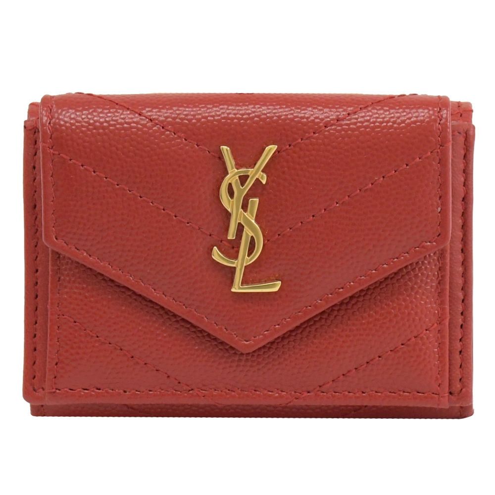 YSL Saint Laurent MONOGRAM V型車線魚子醬牛皮三折小短夾(紅/金)