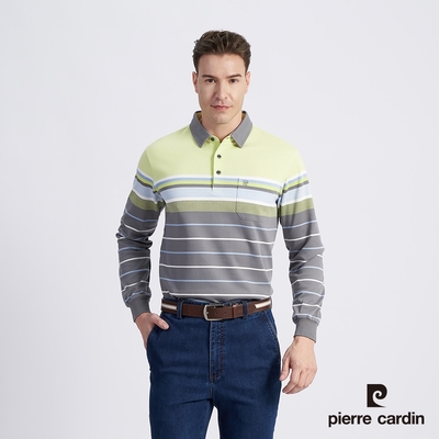Pierre Cardin皮爾卡登 男款 棉質混紡定位橫條刷毛長袖POLO衫-果綠色 (5215282-42)
