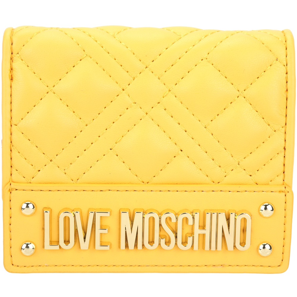 LOVE MOSCHINO 金色字母菱格皮革對折短夾(黃色)