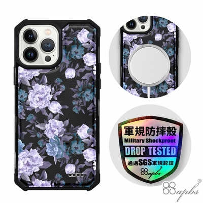 apbs iPhone 13 Pro Max / 13 Pro / 13 軍規防摔皮革磁吸手機殼-經典牛紋-紫山茶(上光版)黑殼