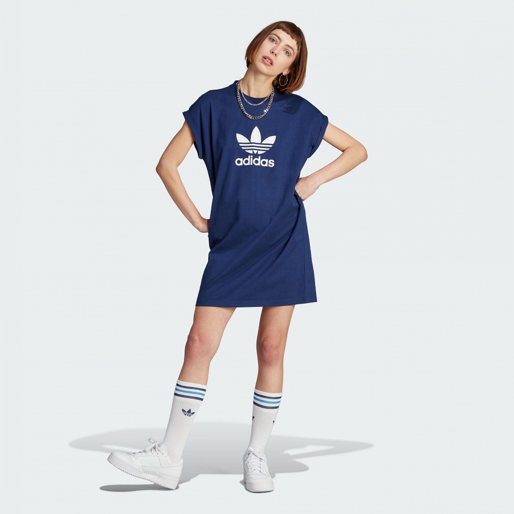 adidas 洋裝 女款 運動洋裝 長版上衣 三葉草 亞規 藍 II0722