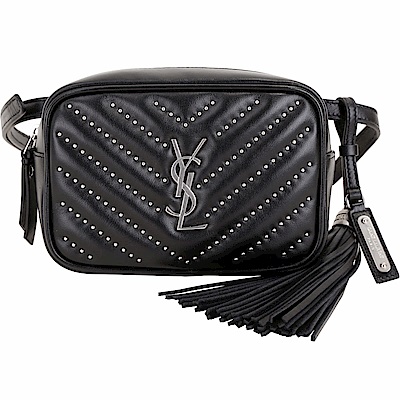 YSL Saint Laurent LOU 鉚釘絎縫小牛皮流蘇胸肩包/腰包(黑色)