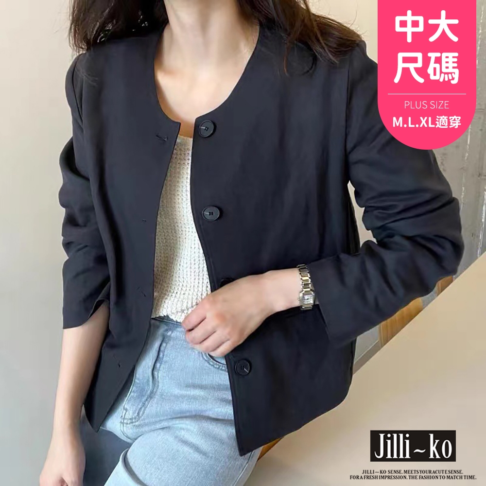 JILLI-KO 韓國風Chic棉麻圓領開扣夾克外套- 杏/藍