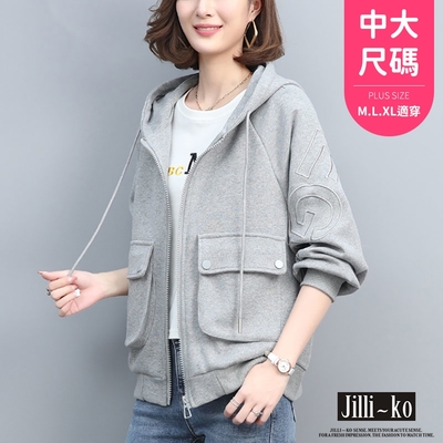 JILLI-KO 口袋壓紋衛衣女寬鬆拉鍊短款連帽外套中大碼- 灰/黑