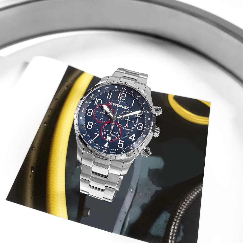 WENGER  / Attitude 三眼計時 運動潮流 日期 防水 不鏽鋼手錶-藍色/44mm