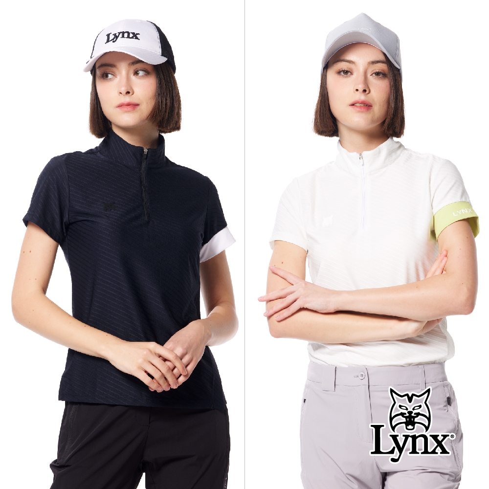 【Lynx Golf】首爾高桿風格！女款合身版吸排機能斜紋布下擺剪接山貓膠標短袖立領POLO衫/高爾夫球衫(二色)