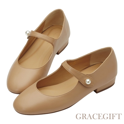 【Grace Gift】甜美氣質珍珠平底瑪莉珍鞋 駝