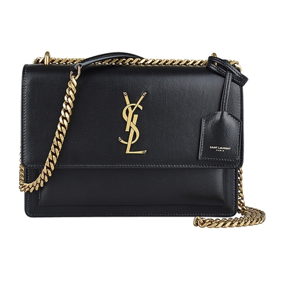 YSL SAINT LAURENT SUNSET 金屬LOGO牛皮翻蓋釦式鏈帶肩背斜背包(黑)