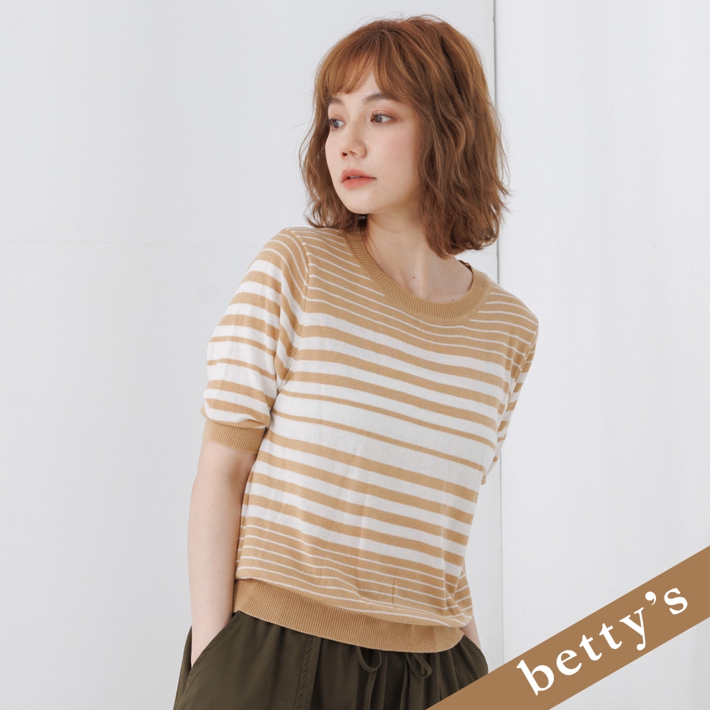 betty’s貝蒂思　變化條紋圓領七分袖針織上衣(卡其色)