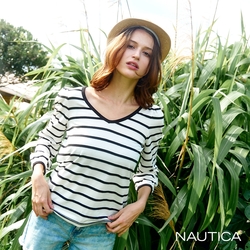 Nautica女裝 經典V領撞色條紋長袖T恤-白