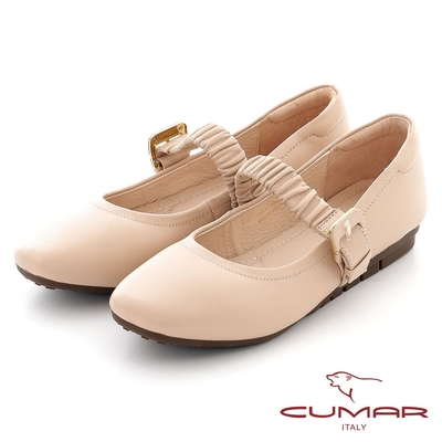 【CUMAR】時髦小方頭蓬鬆皺褶腳背帶瑪莉珍平底鞋-奶茶色