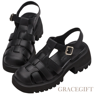 【Grace Gift】圓頭寬帶厚底魚骨編織涼鞋 黑