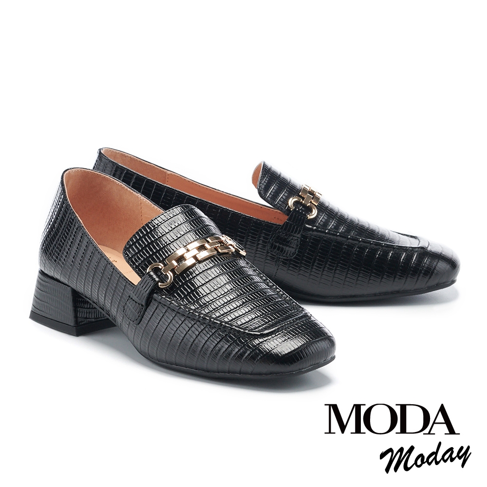 低跟鞋 MODA MODAY 簡約質感全真皮壓紋鍊條方頭樂福低跟鞋－黑