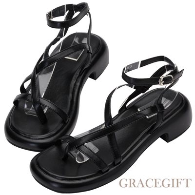 【Grace Gift】不規則帶圓頭中跟涼鞋 黑