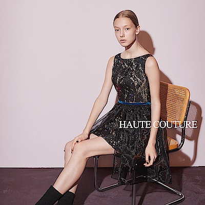 Haute Couture 高定系 精緻3D金屬感提花拼接紡紗造型禮服洋裝-黑