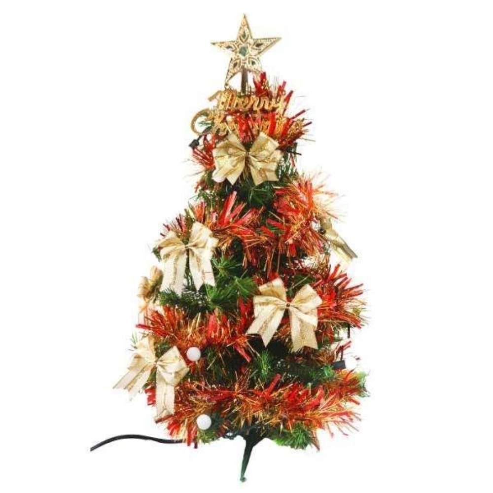 摩達客 2尺(60cm)經典綠色聖誕樹(紅金系飾品+LED20燈彩光珍珠燈插電式)